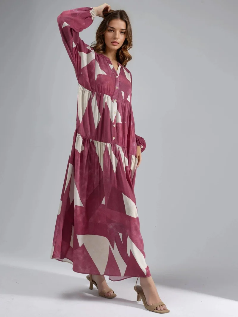 هيكاب فستان ماكسي طويل الأكمام من الفيسكوز مطبوع